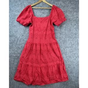 Meadow Rhodes Dress Womens XL Red Eyelet Tiered Prairie Girl Femme Boho Cottage